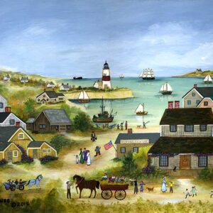 A Nantucket Hayride with lighthouse,ships,village - Contemporary artist J.L. Munro