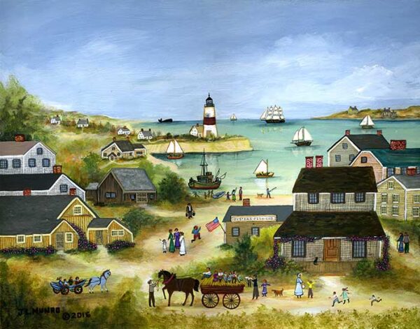 A Nantucket Hayride with lighthouse,ships,village - Contemporary artist J.L. Munro