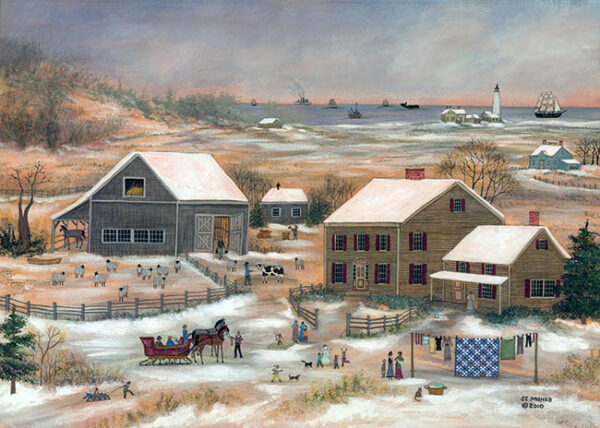 Nantucket Sheep Farm in Winter, sheep, cows, - Contemporary artist J.L. Munro