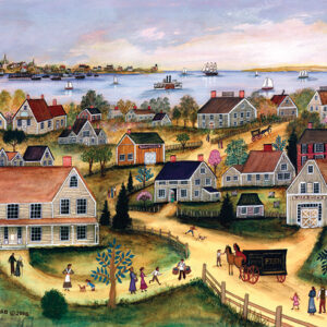 The Fish Wagon with a village along the harbor with ships, boats, - Contemporary artist J.L. Munro