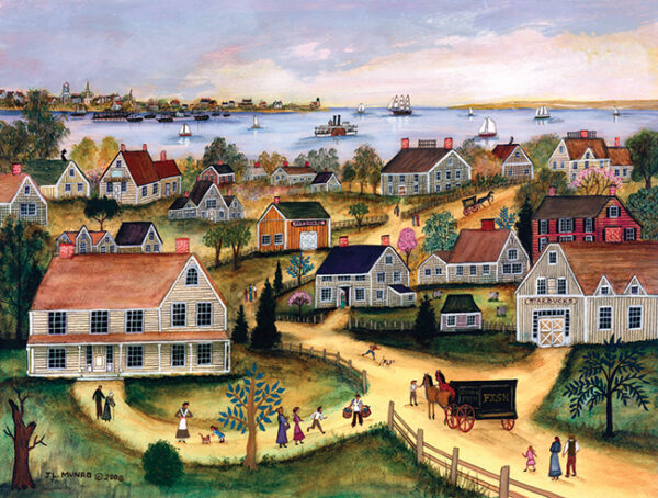 The Fish Wagon with a village along the harbor with ships, boats, - Contemporary artist J.L. Munro