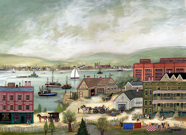 North Bay Harbor, factories,boats,- Contemporary artist J.L. Munro