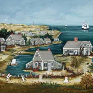 Sconset Bikers, bicycling past cottages in Sconset, ma. - Contemporary artist J.L. Munro