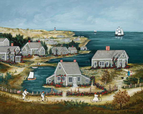 Sconset Bikers, bicycling past cottages in Sconset, ma. - Contemporary artist J.L. Munro