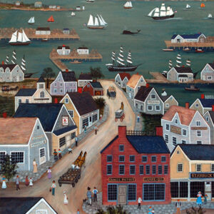 Nantucket Harbor, ships, boats, whale, - Contemporary artist J.L. Munro