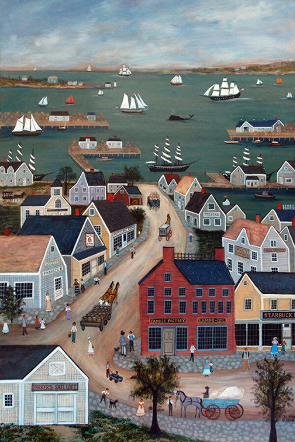 Nantucket Harbor, ships, boats, whale, - Contemporary artist J.L. Munro