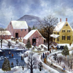 View of Blackbird Pond, Winter, skating,sheep, cows, - Contemporary artist J.L. Munro