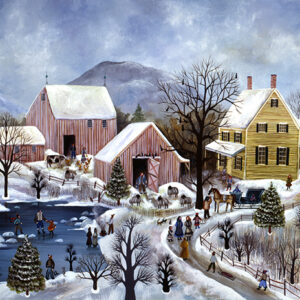 View of Blackbird Pond, Winter, skating,sheep, cows, - Contemporary artist J.L. Munro