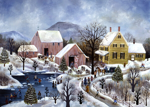 View of Blackbird Pond, Winter, skating,sheep, cows, - Contemporary artist J.L. Munro