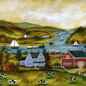 Autumn on the Hudson River with cows, boats,barn - Contemporary artist J.L. Munro