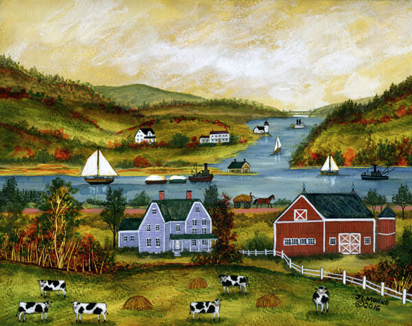 Autumn on the Hudson River with cows, boats,barn - Contemporary artist J.L. Munro