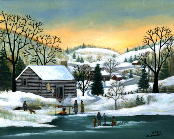 Cherokee Cabins in Winter with ice fishing - Contemporary artist J.L. Munro