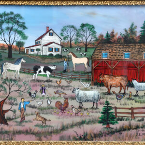 Dawn in the Barnyard with,cows,sheep,horses,chickens,and geese- Contemporary artist J.L. Munro