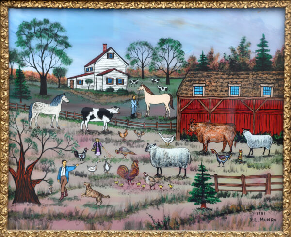 Dawn in the Barnyard with,cows,sheep,horses,chickens,and geese- Contemporary artist J.L. Munro