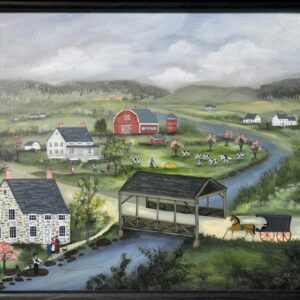The Covered Bridge with farms and river - Contemporary artist J.L. Munro
