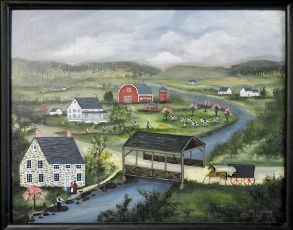 The Covered Bridge with farms and river - Contemporary artist J.L. Munro