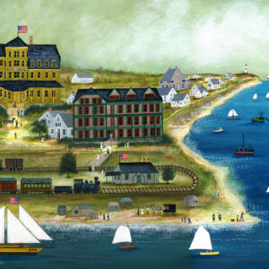 Nantucket Railroad with sail boats,beach and Sankaty Light - Contemporary artist J.L. Munro