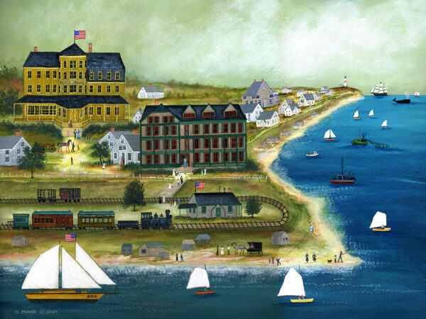 Nantucket Railroad with sail boats,beach and Sankaty Light - Contemporary artist J.L. Munro