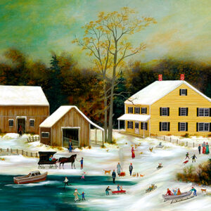 Winter on Nantucket with skaters, sledding, farm - Contemporary artist J.L. Munro