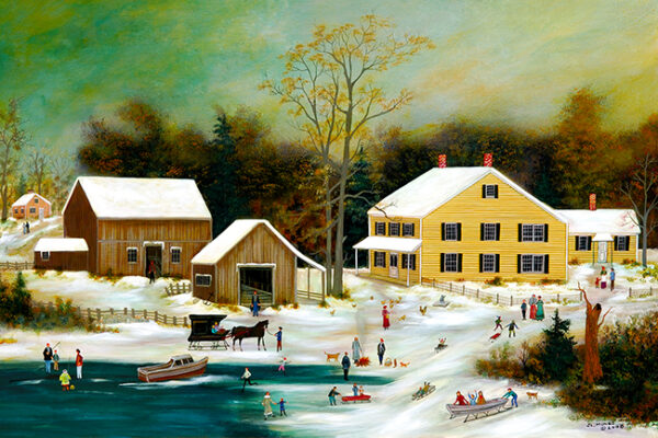 Winter on Nantucket with skaters, sledding, farm - Contemporary artist J.L. Munro