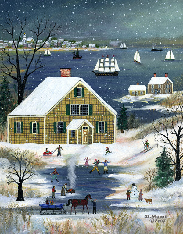 Winter on Nantucket Island, skating, boats,skiing - Contemporary artist J.L. Munro