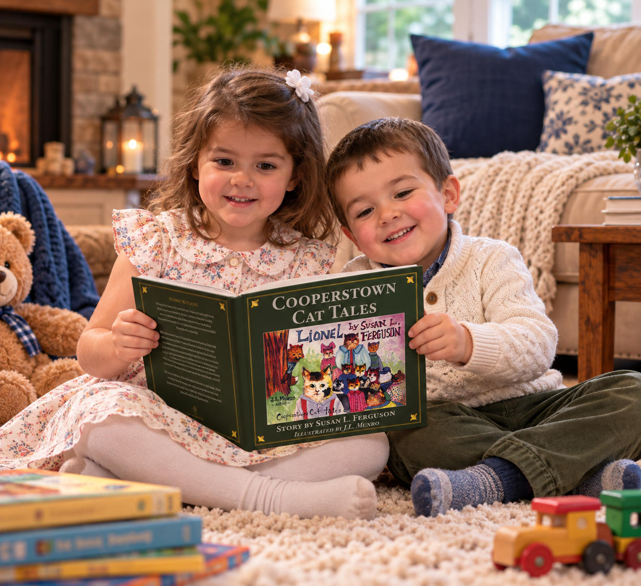 Two children reading Cooperstown Cat Tales together