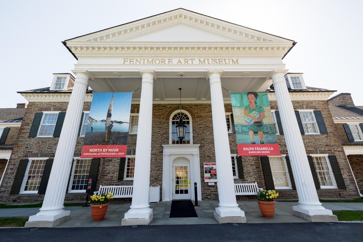 Front entrance of the Fenimore Art Museum, with exhibition banners